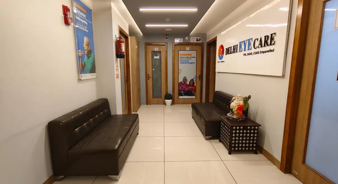Clean patient corridor and waiting area at Delhi Eye Care