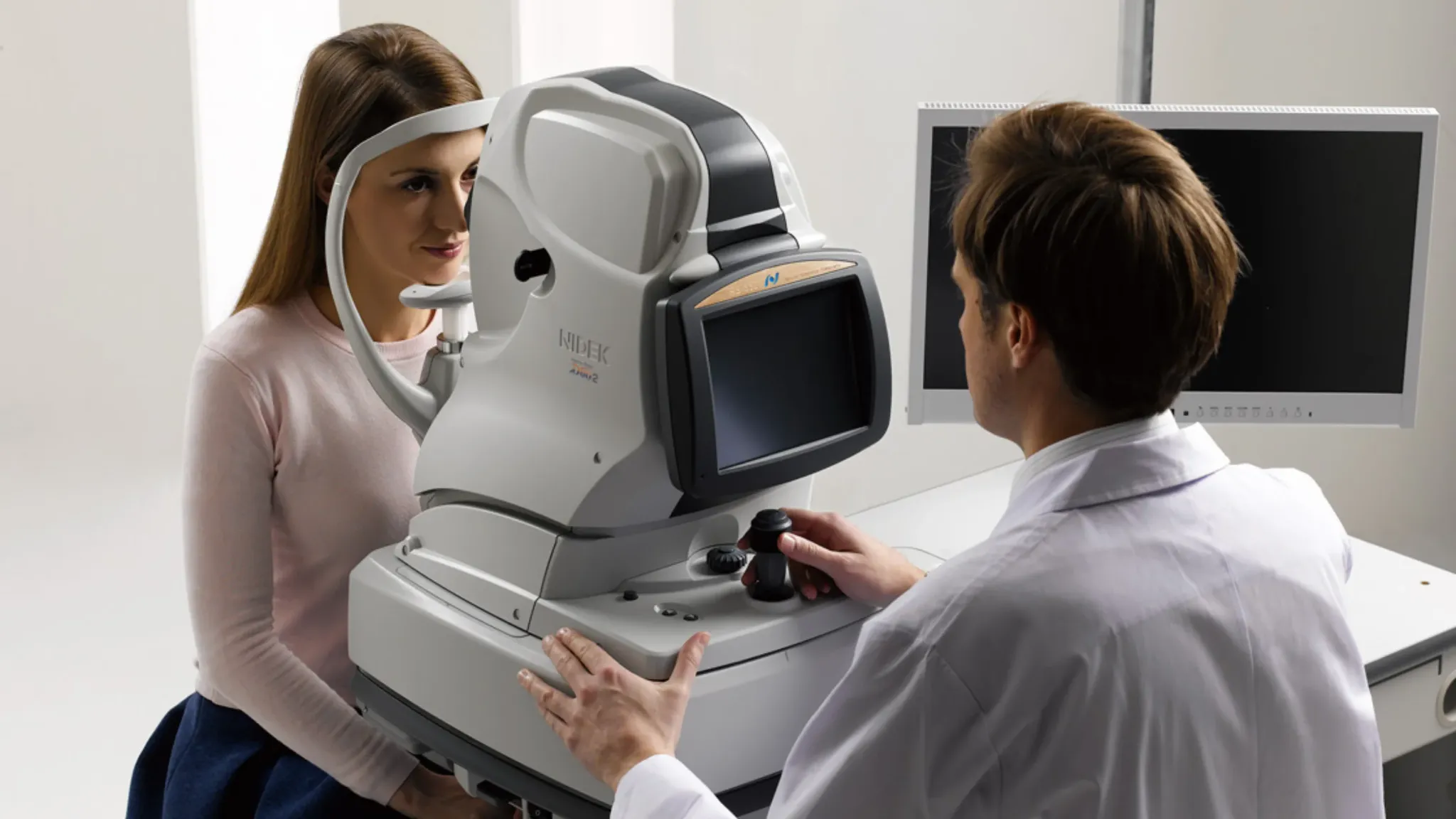 A patient undergoing optical coherence tomography of the retina
